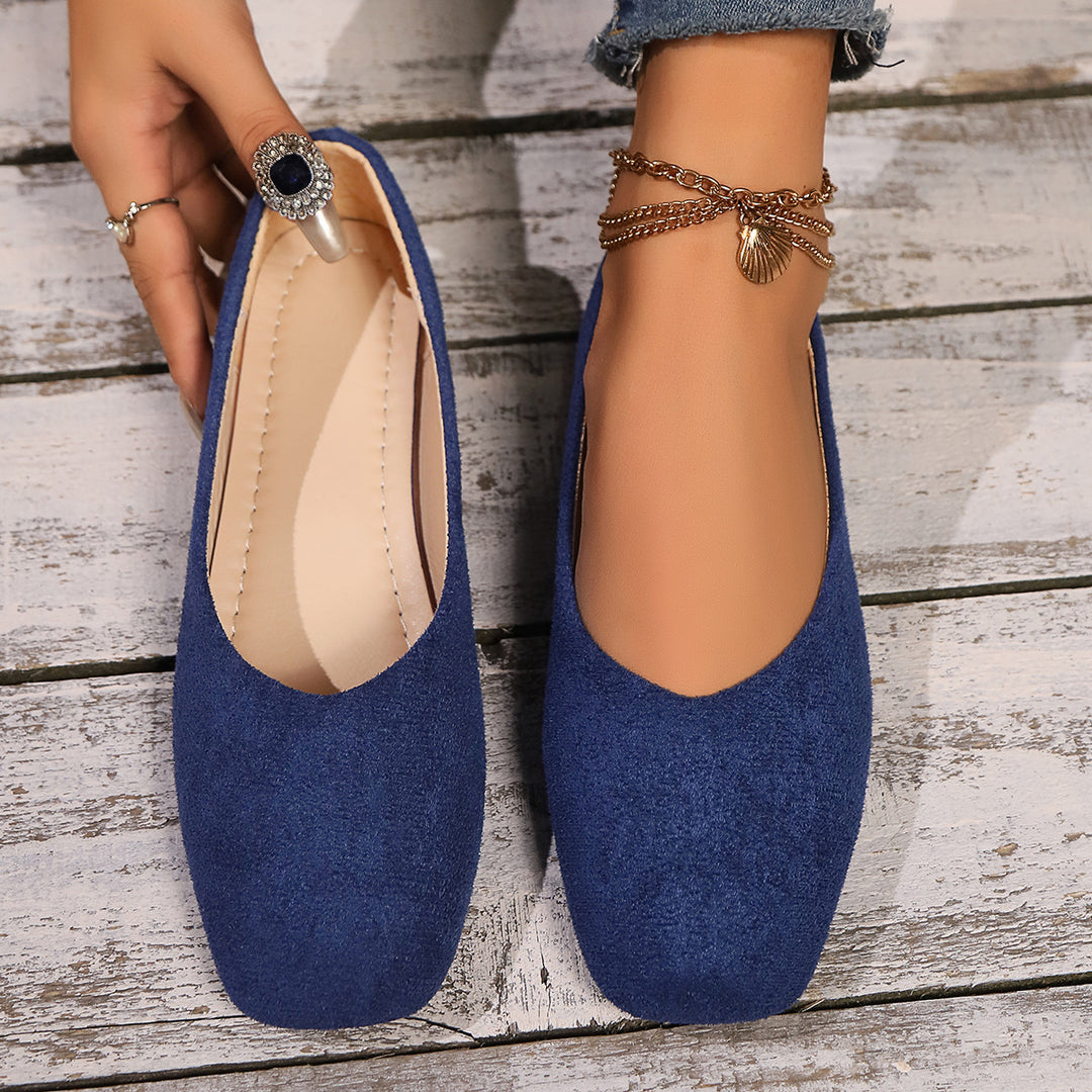 Dame nan elegante flade slip-on ballerina med firkantet tåparti polstret komfortsål og velourlook Skovae