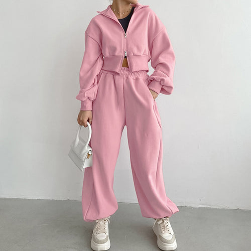 Dame Sporty Crop-Top og Joggingbukser Set med elastisk Talje Stilla