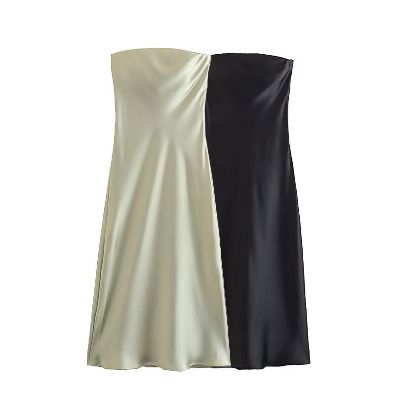 Dame lang aftenkjole i elegant satin-look med stropløs design Skovae