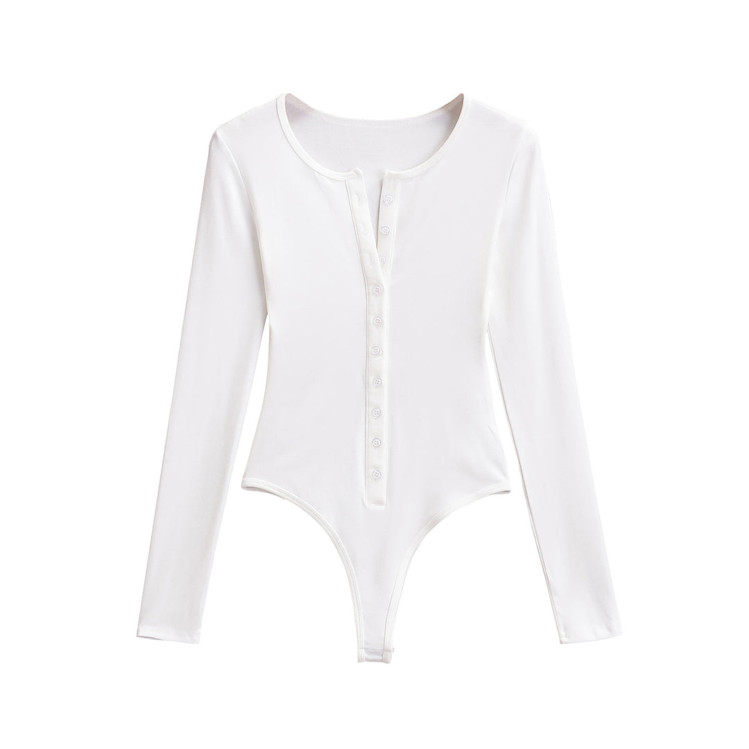 Dame Langærmet Bodysuit med knapliste og elegant rund halsudskæring Stilla