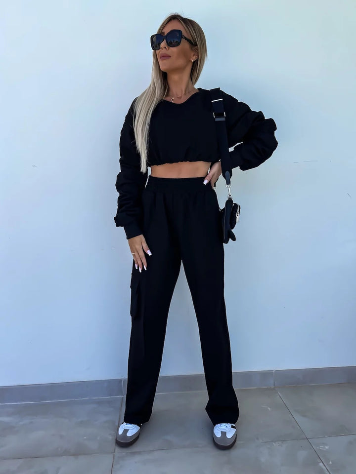 Dame afslappet sæt med cropped top og løstsiddende bukser Stilla