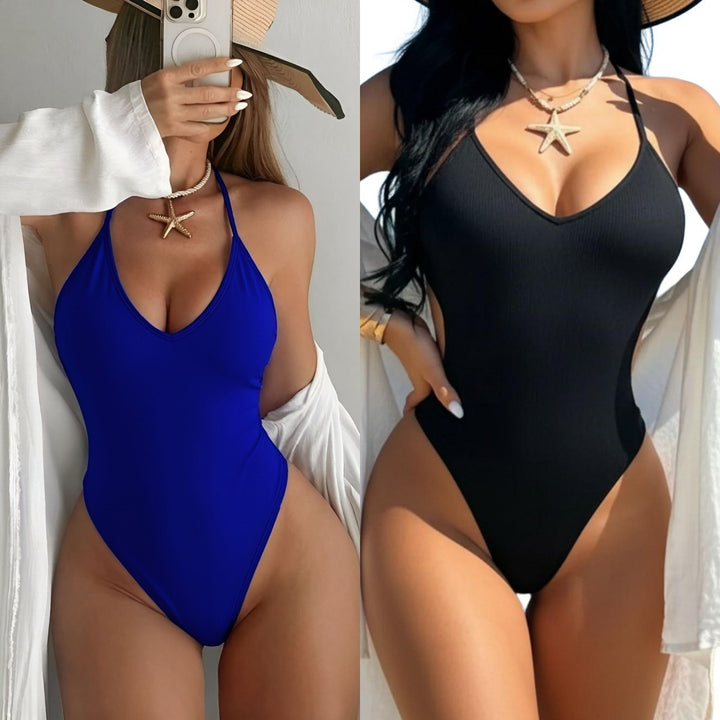 Dame Højskåret One-Piece Badedragt med Ribstruktur Skovae