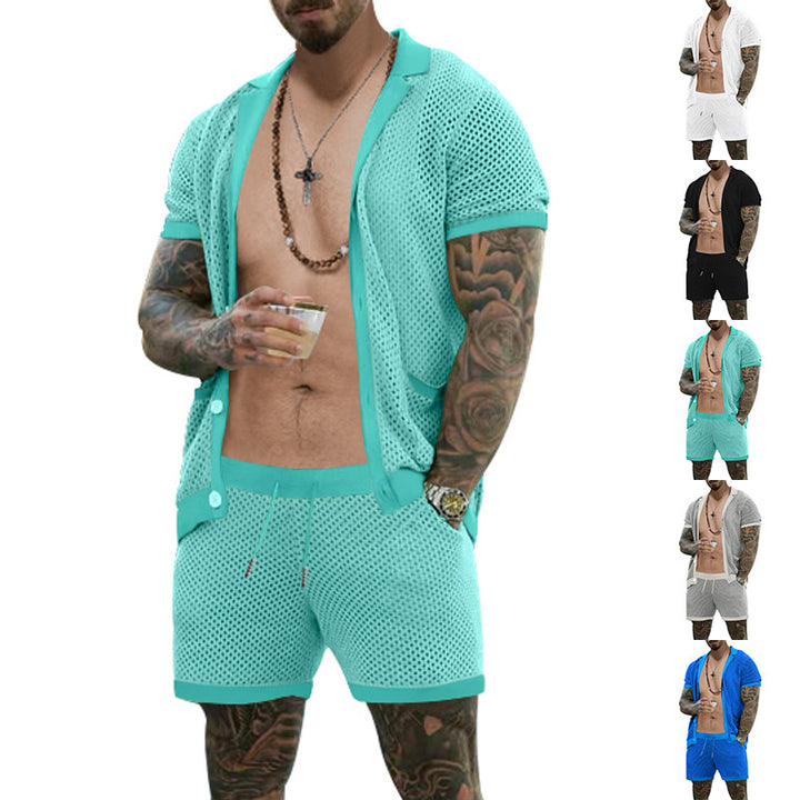 Herrer nan åben netstrik-cardigan med matchende snortræk-shorts Skovae