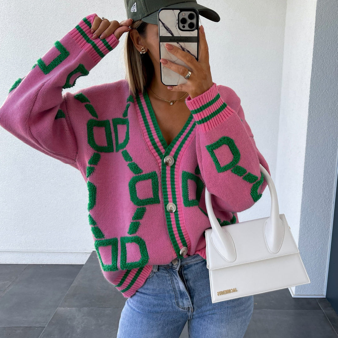 Kvinders oversized cardigan med farverigt geometrisk mønster Skovae