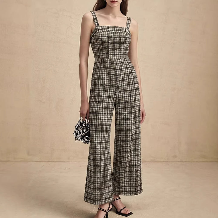 Dame jumpsuit med brede bukseben og fint ternet mønster Skovae