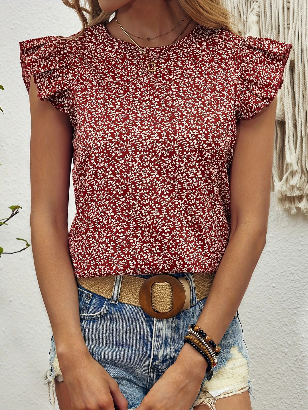 Damebluse med rynkede ærmer og floral mønster Stilla