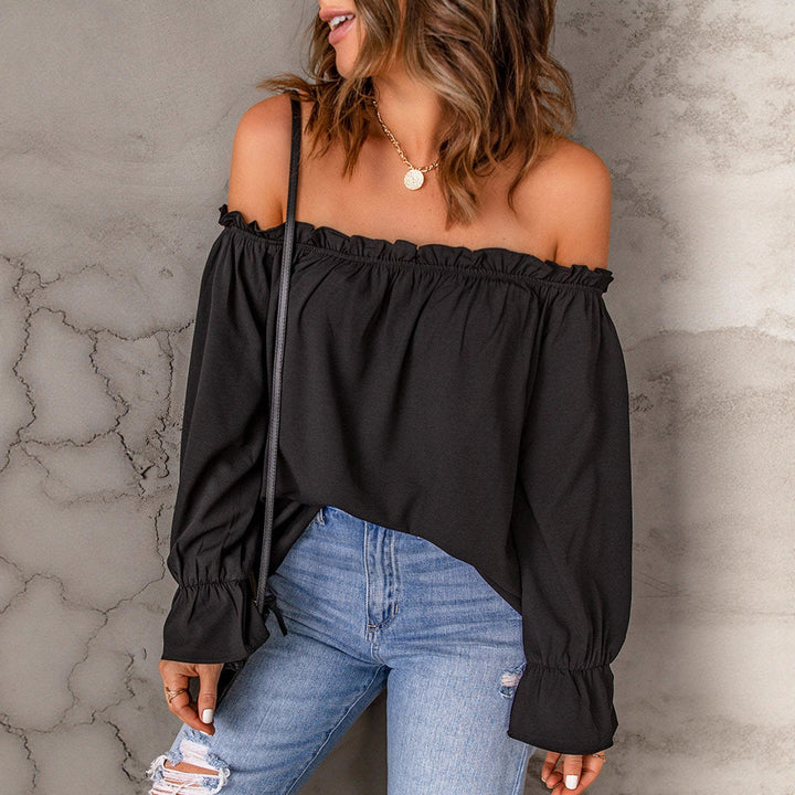 Dame Off-Shoulder Bluse med Ruffles detaljer og lange ærmer Skovae