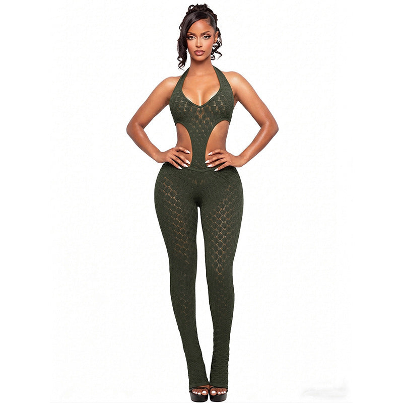 Dame Cut-Out Bodycon Overall med dyb V-udskæring og transparent hæklestruktur Skovae