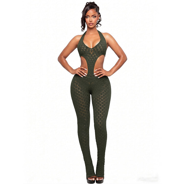 Dame Cut-Out Bodycon Overall med dyb V-udskæring og transparent hæklestruktur Skovae
