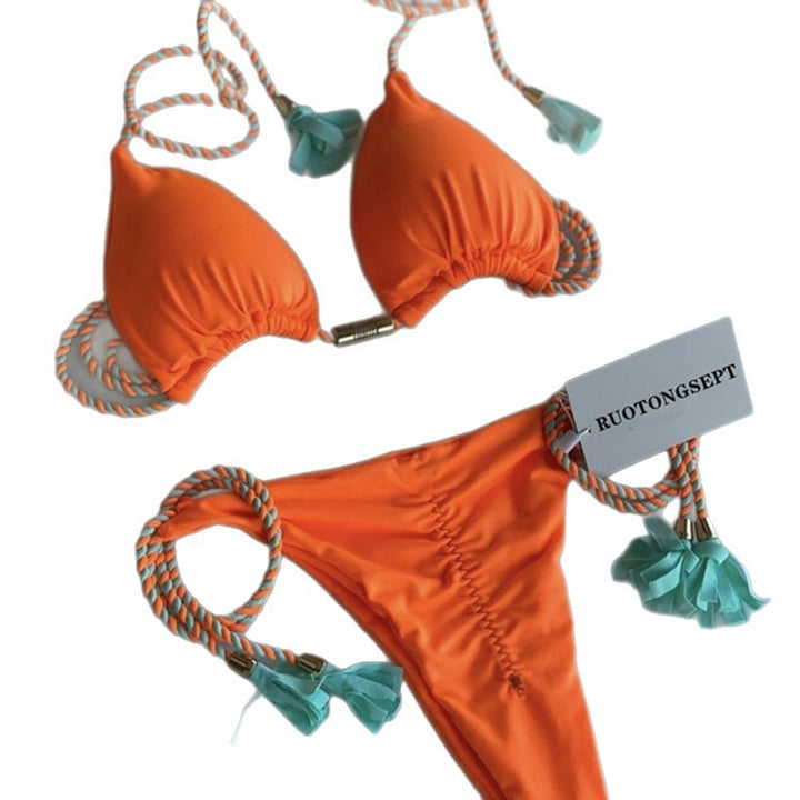 Dame triangel-bikini med moderne leopardmønster og dekorative frynser Skovae
