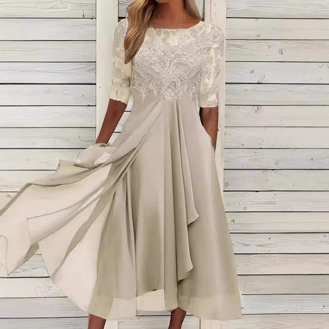Dame Midikjole med kunstneriske blondeaccentuer og voluminøs skørt Stilla