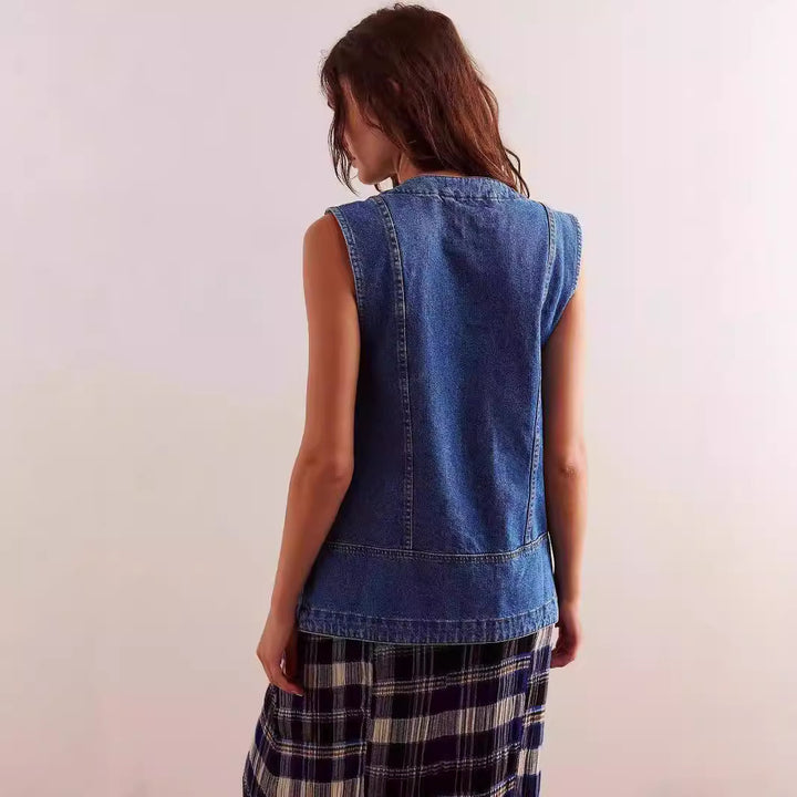 Dame afslappet jeansvest med dyb V-udskæring og store lommer Stilla