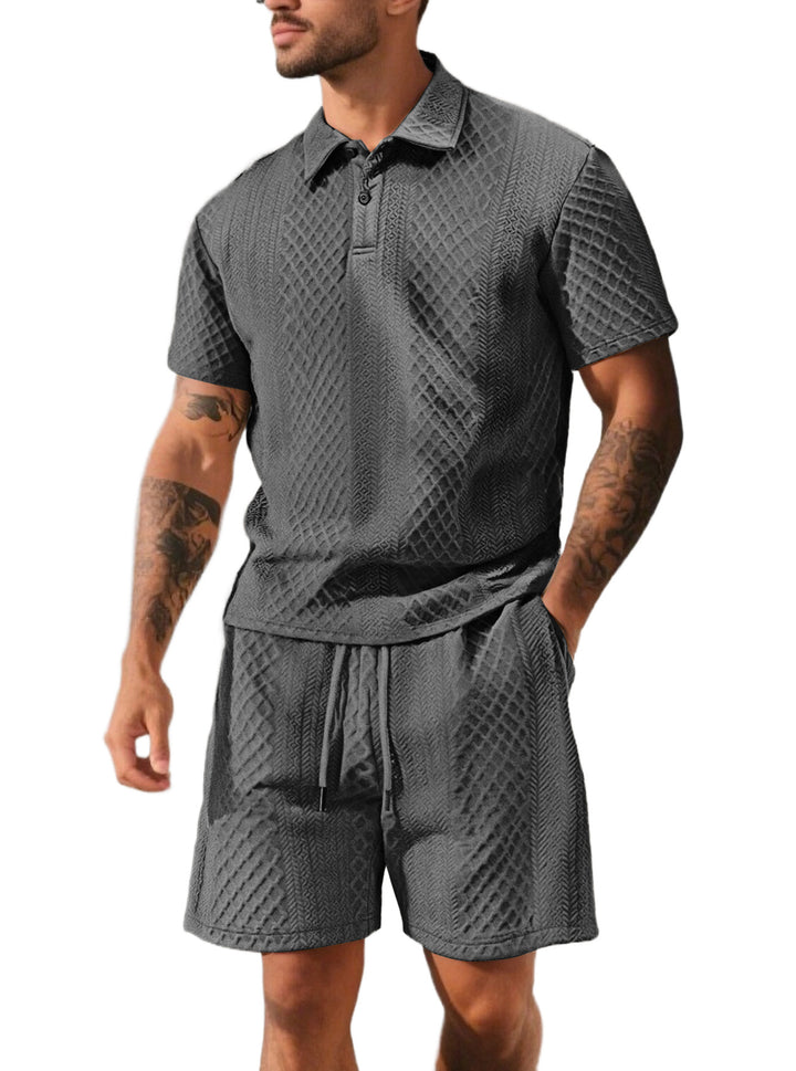 Herrer nan struktureret polo-shirt- og bermuda-shorts-sæt fra quiltet bomuldsblanding Skovae