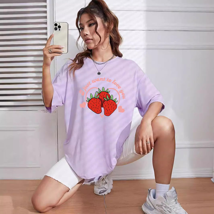 Dame oversized T-shirt med jordbær-motiv Stilla
