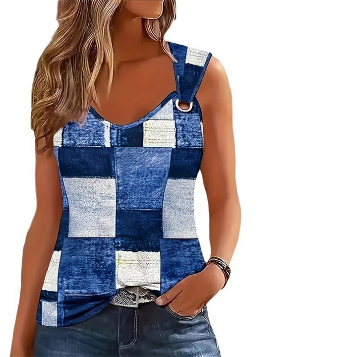 Dame ærmeløs overdel med patchwork-design og dekorativ knap Stilla