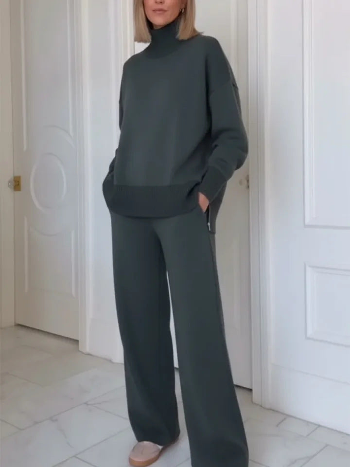 Damers Komfortable Strikket Loungewear Sæt med Højhalset Sweater og Bredskårede Bukser Stilla
