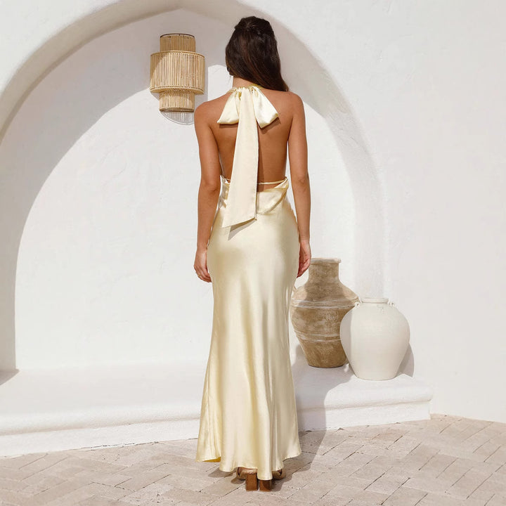 Dame elegante satin maxi kjoler med dyb V-udskæring og tætsiddende pasform