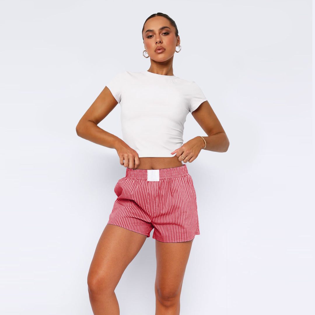 Dame bomulds-shorts med elastisk talje og stribemønster Stilla