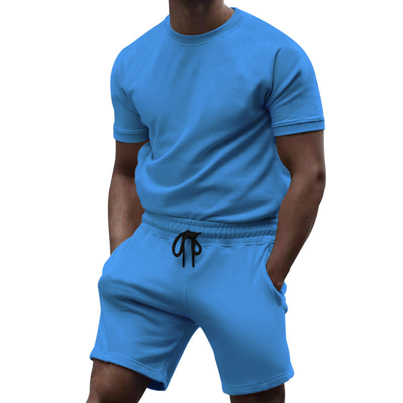 Herren nan kortærmet sæt i blødt sweatstof med rundhalset t-shirt og snøre-shorts Skovae