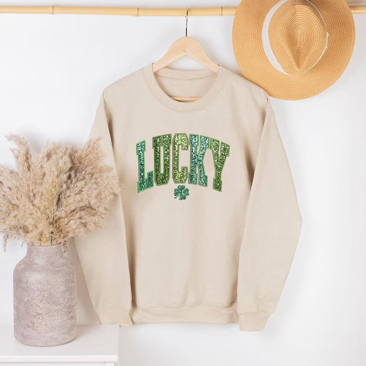 Dame casual sweatshirt med glitrende skrift og kløver motiv Stilla