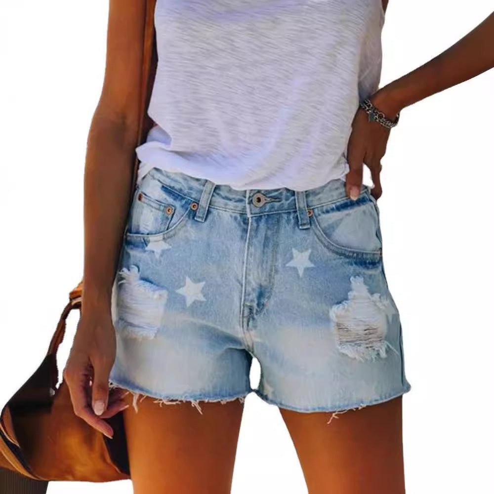 Dame Mode Jeansshorts med frynset kant og stjerne-applikationer Stilla