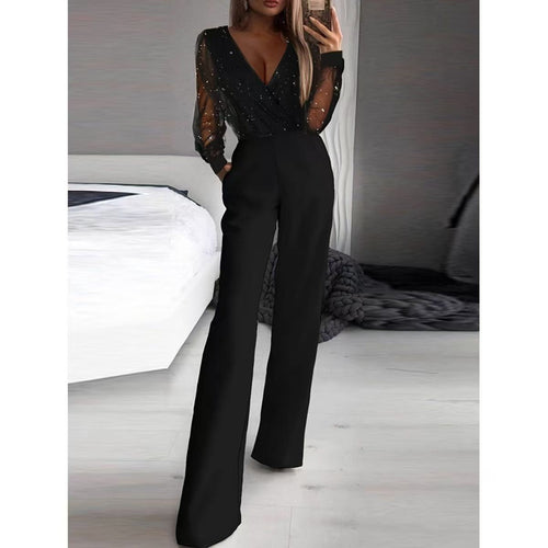 Damer Elegant Jumpsuit med gennemsigtige ærmer og glitrende detaljer Skovae