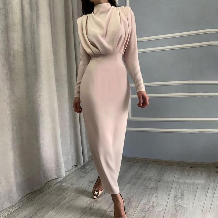 Dame elegant Langærmet kjole med høj hals og drapering Stilla