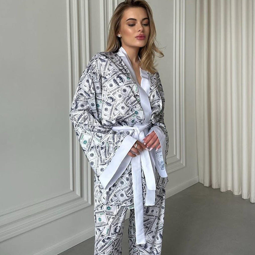 Dame Satin Morgenkåbe og Pyjamas-Sæt med Pengemotiv Stilla