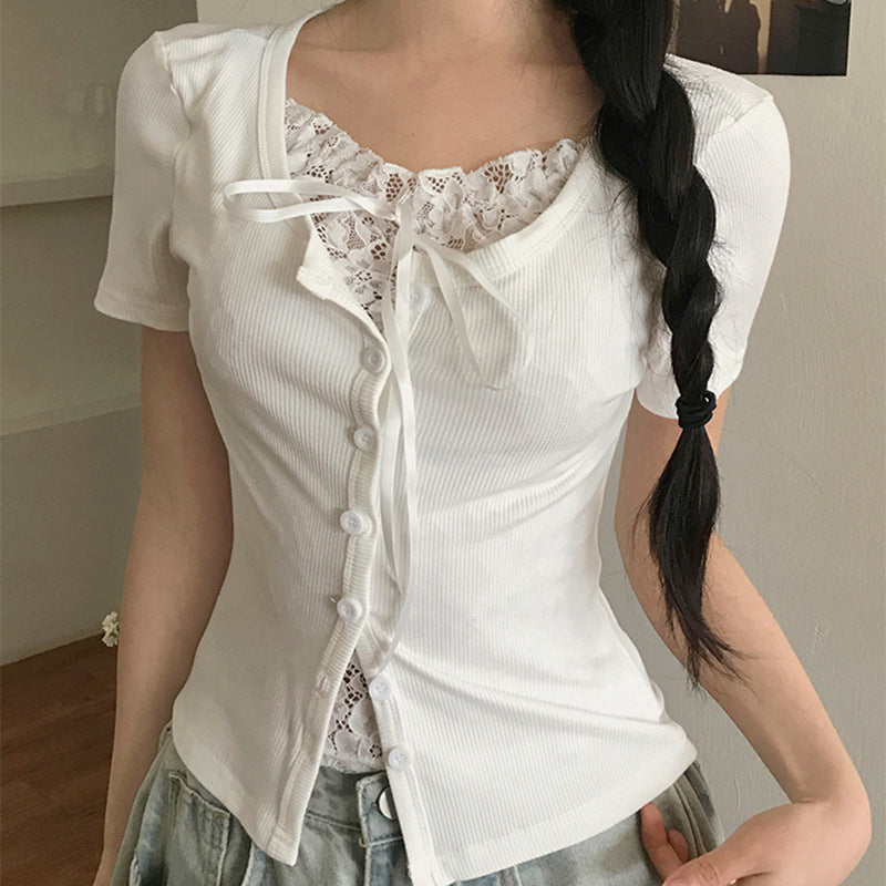 Dame spids-top med off-shoulder design og elegant snøring Skovae