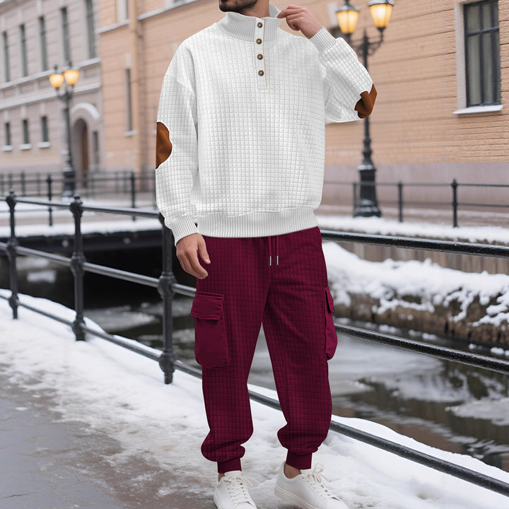 Herren nan Karo-relief-sweatset med ståkrave-knapliste, velour-ellbogenlapper og cargo-jogger Skovae