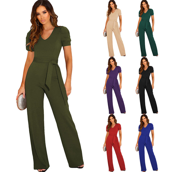Dame jumpsuit med elegant V-udskæring og taljebælte Stilla