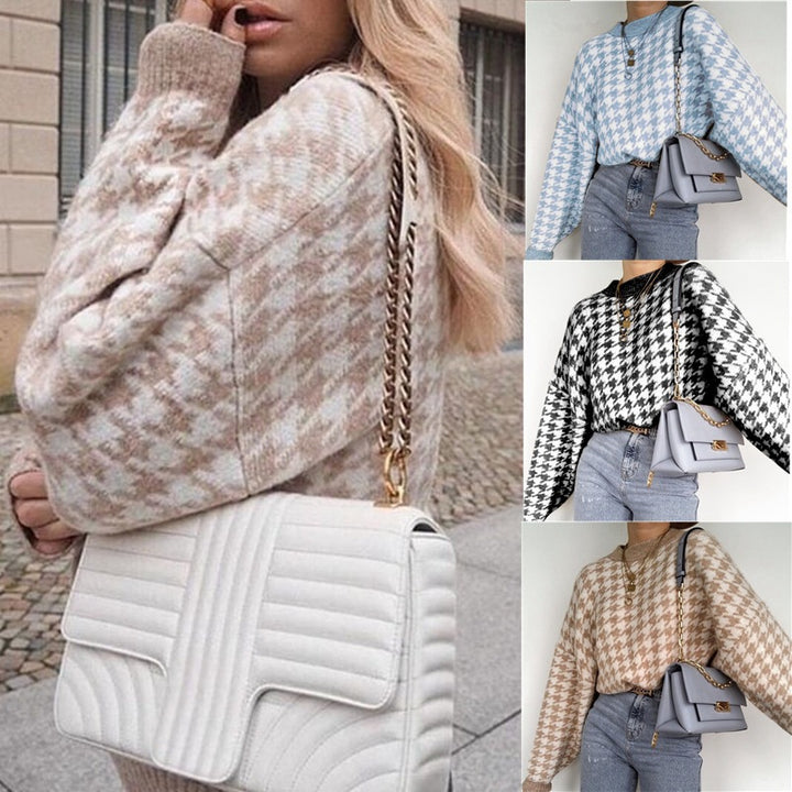 Kvinders strikket sweater med moderne houndstooth mønster og afslappet pasform Stilla