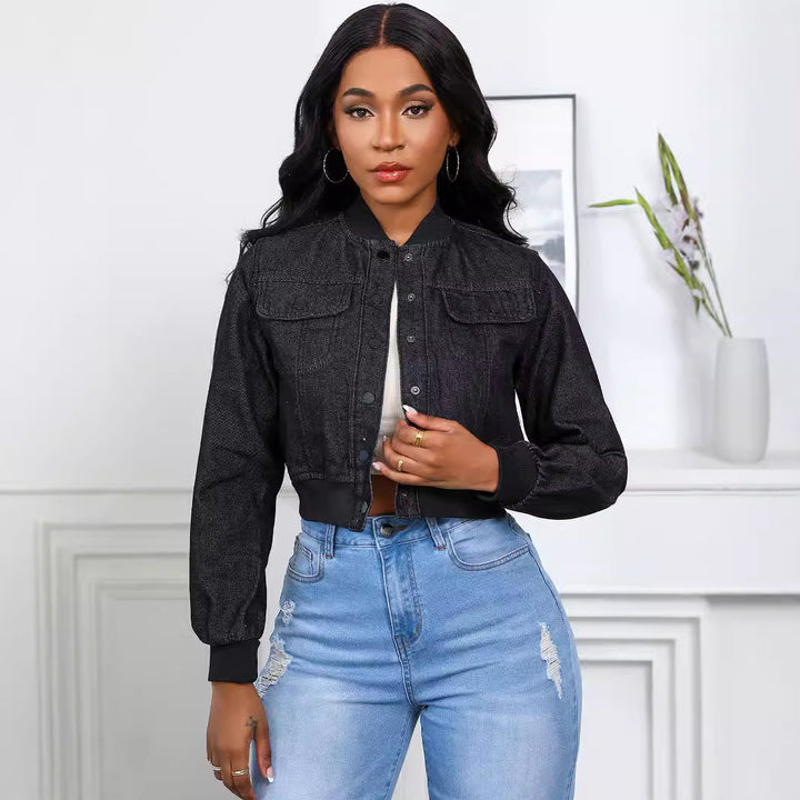 Dame cropped Denim-jakke med praktiske lommer og elastiske manchetter Stilla