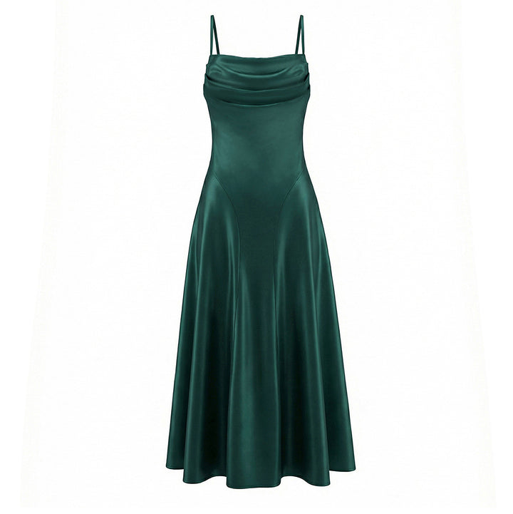 Dame Maxikjole med elegant drapering og fint satin-finish Skovae