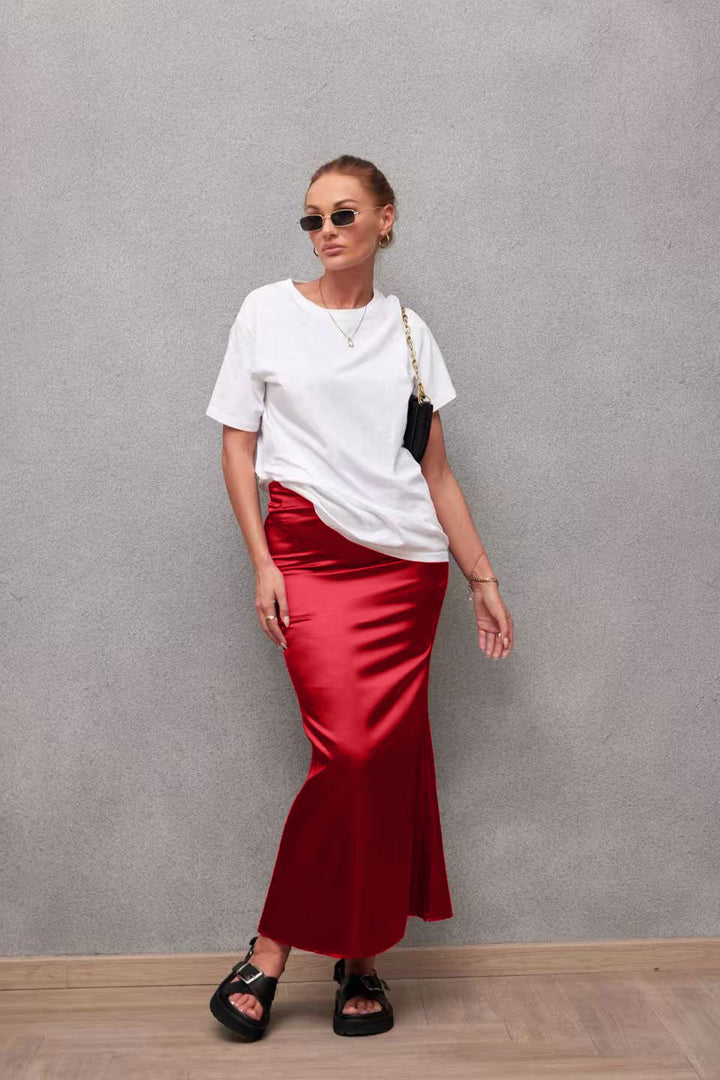 Dame Elegant Maxi Skirt i skinnende satin med høj slids Skovae