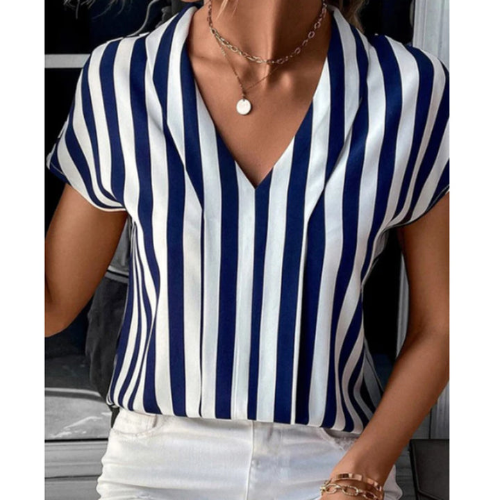 Dame V-hals bluse med striber Stilla