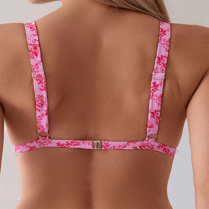 Dame triangel-bikini med blomsterdesign og justerbare stropper Skovae