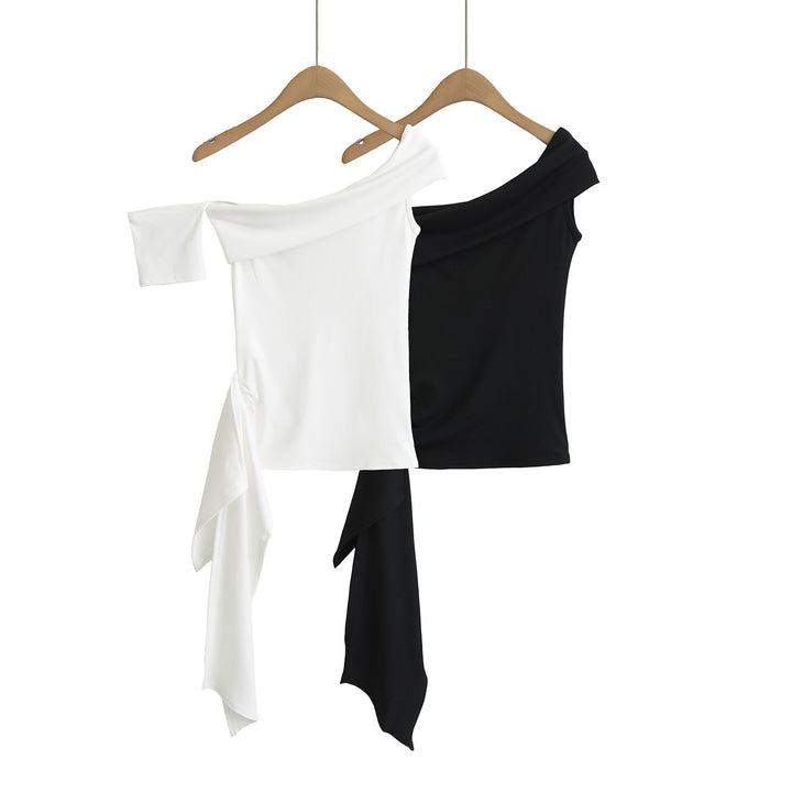 Damer elegant Off-Shoulder overdel med svingende kant og moderne bindebælte Stilla