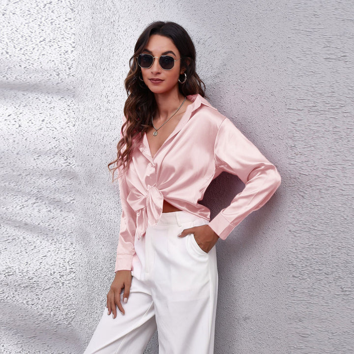 Dame Satin Bluse med Knote Lukning Stilla