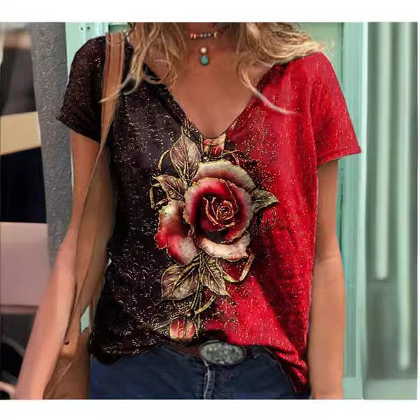 Dame Kunstnerisk Blomster Grafik V-Udsnit T-Shirt Stilla