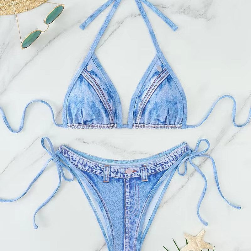 Dame triangel-bikini med jeans-look og flettede snorebånd Skovae