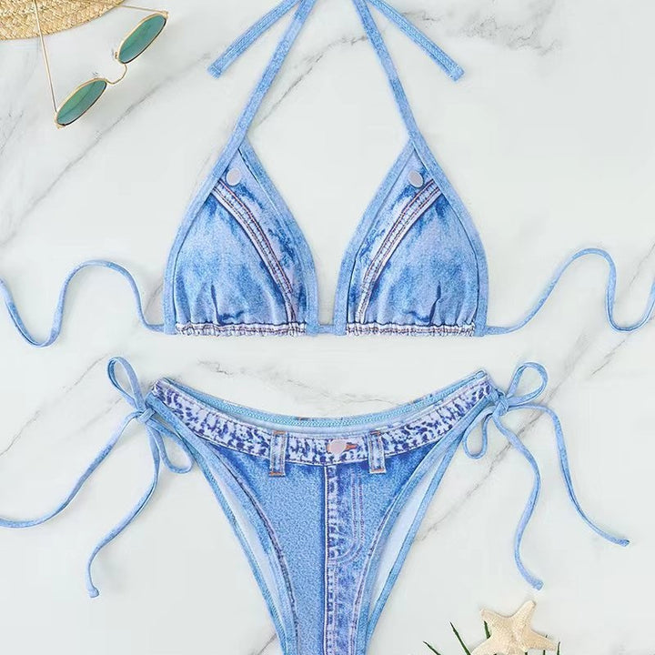 Dame triangel-bikini med jeans-look og flettede snorebånd Skovae