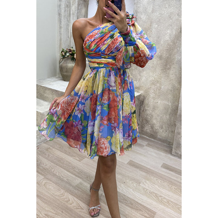 Dame One-Shoulder Kjole med blomstertryk og elastisk talje Stiila