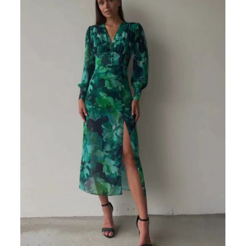 Dame elegant maxikjole med blomsterdesign og dyb V-udskæring Stilla