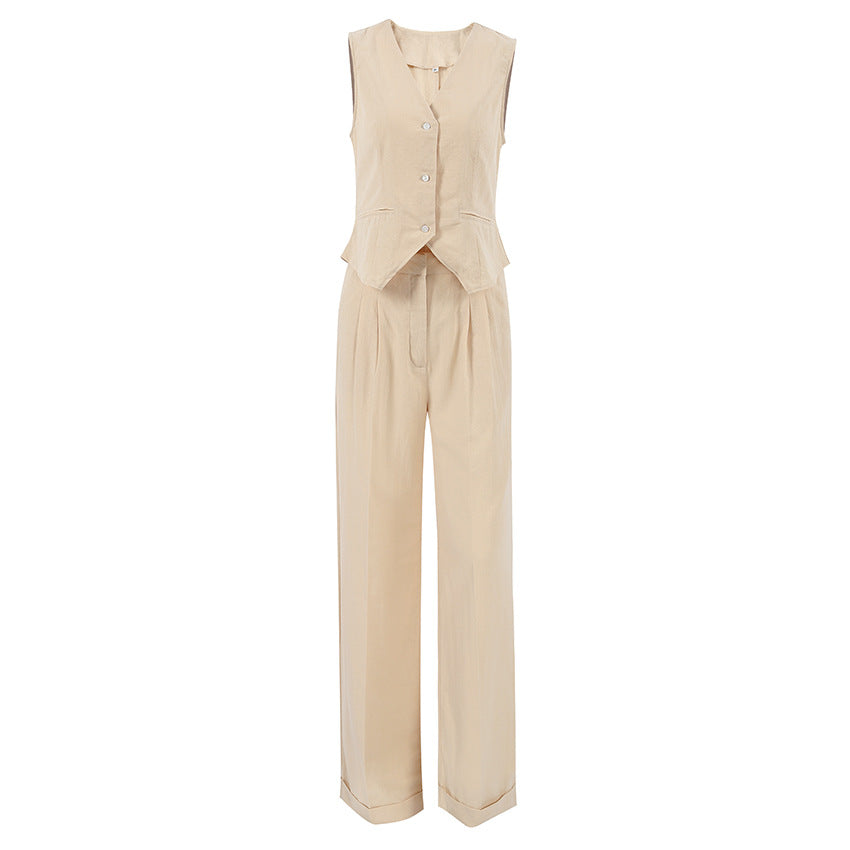 Dame elegant linned ensemble med tætsiddende overdel og løstsiddende bukser Stilla