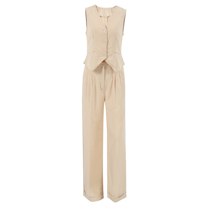 Dame elegant linned ensemble med tætsiddende overdel og løstsiddende bukser Stilla