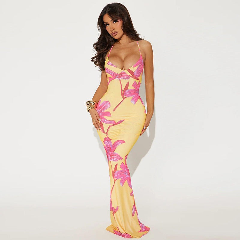 Dameblomsterprint spaghetti-strop maxi-kjole Stilla