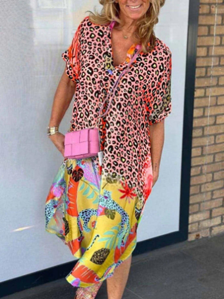 Dame nan locker siddende V-udskæring Midikjole med leopardmønster og tropemotiv Skovae