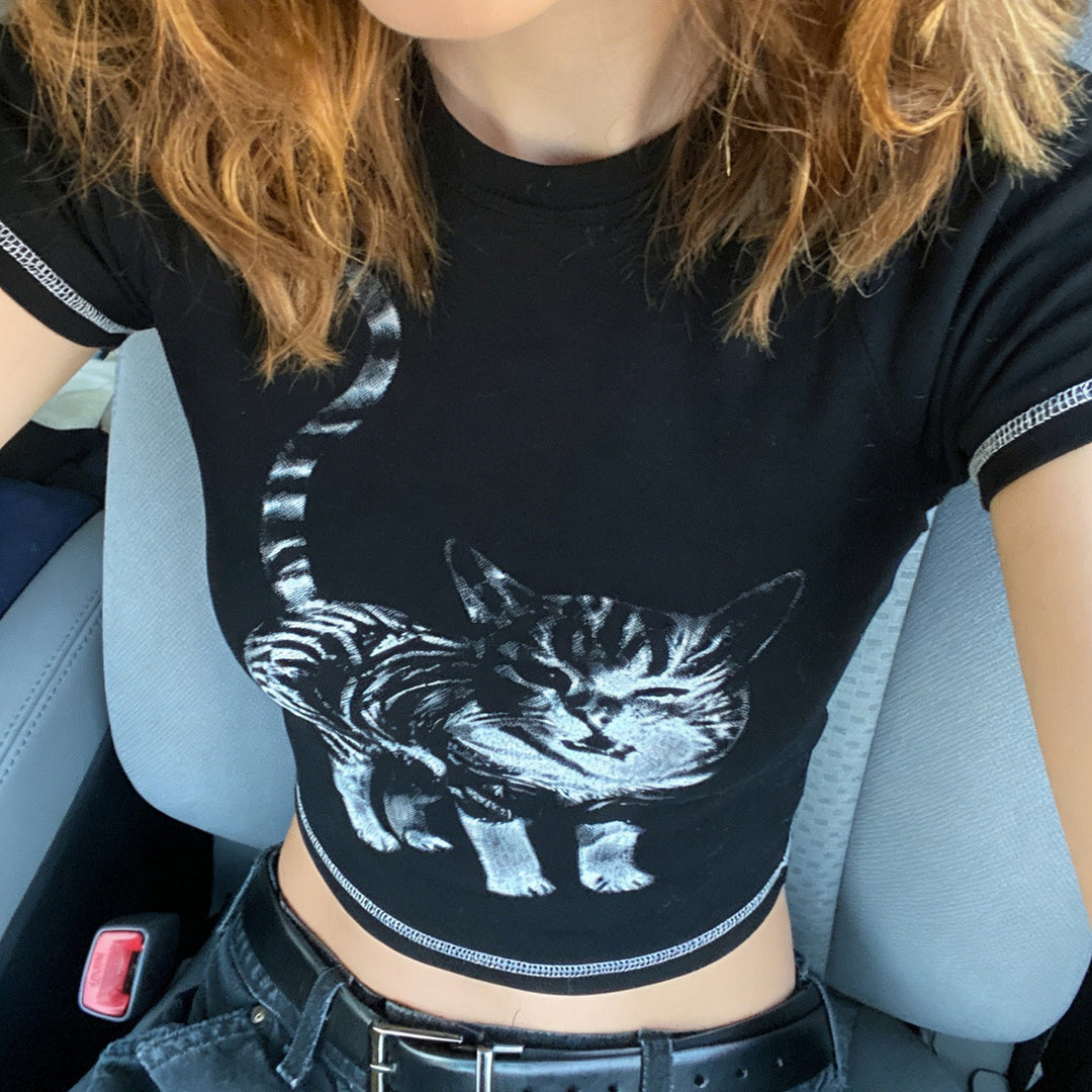 Dame T-shirt med kreativ kattemotiv Skovae