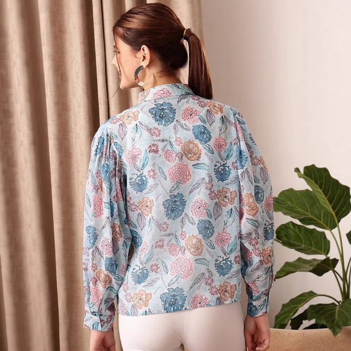 Dame let transparent chiffonjakke med florale motiver og ballonlignende ærmer Skovae